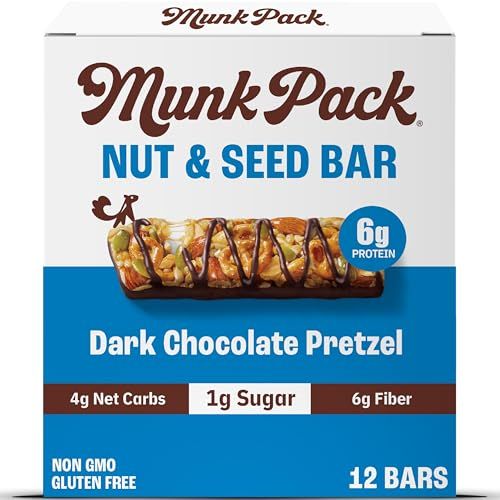 Munk Pack Keto Snack Bars, Dark Chocolate Pretzel - Low Carb Nut Bar with 6g Protein, 1g Sugar with Allulose - Gluten Free &amp; Low Glycemic - 12 Count
