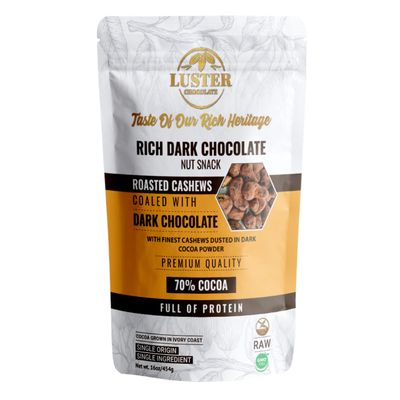 Luster Chocolate Rich Dark Chocolate Covered Cashew Nuts Tempting Delight for Every Occasion - 70% Dark Chocolate Nuts Snacks - 16 OZ - 454 g Roasted Cashews (16 OZ - 454 G)
