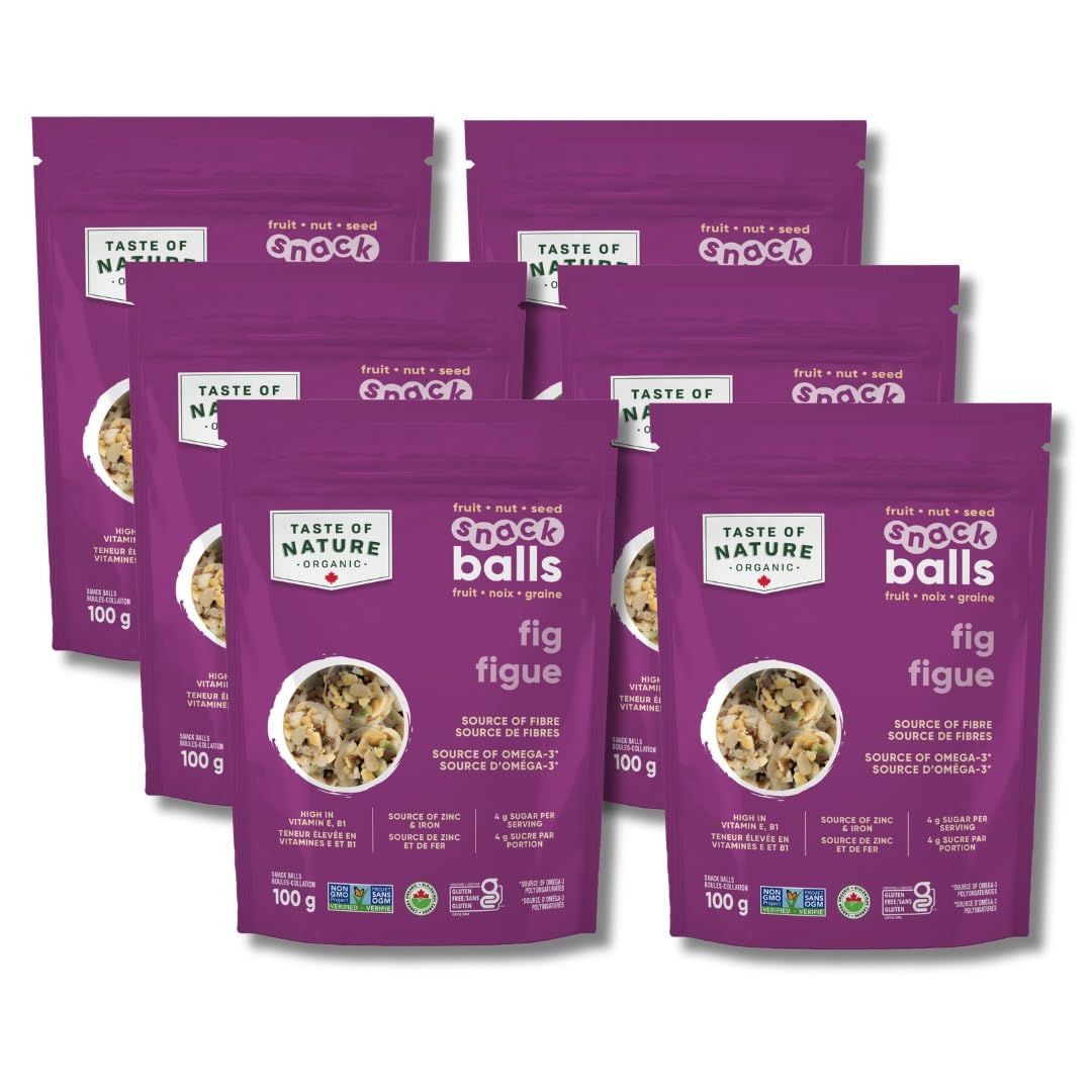 Taste of Nature Nut &amp; Seed Snack Balls - All Organic, Gluten-Free &amp; Non-GMO - Vegan-Friendly Nutritious Snack - 100g Bags, Fig (Pack of 6)