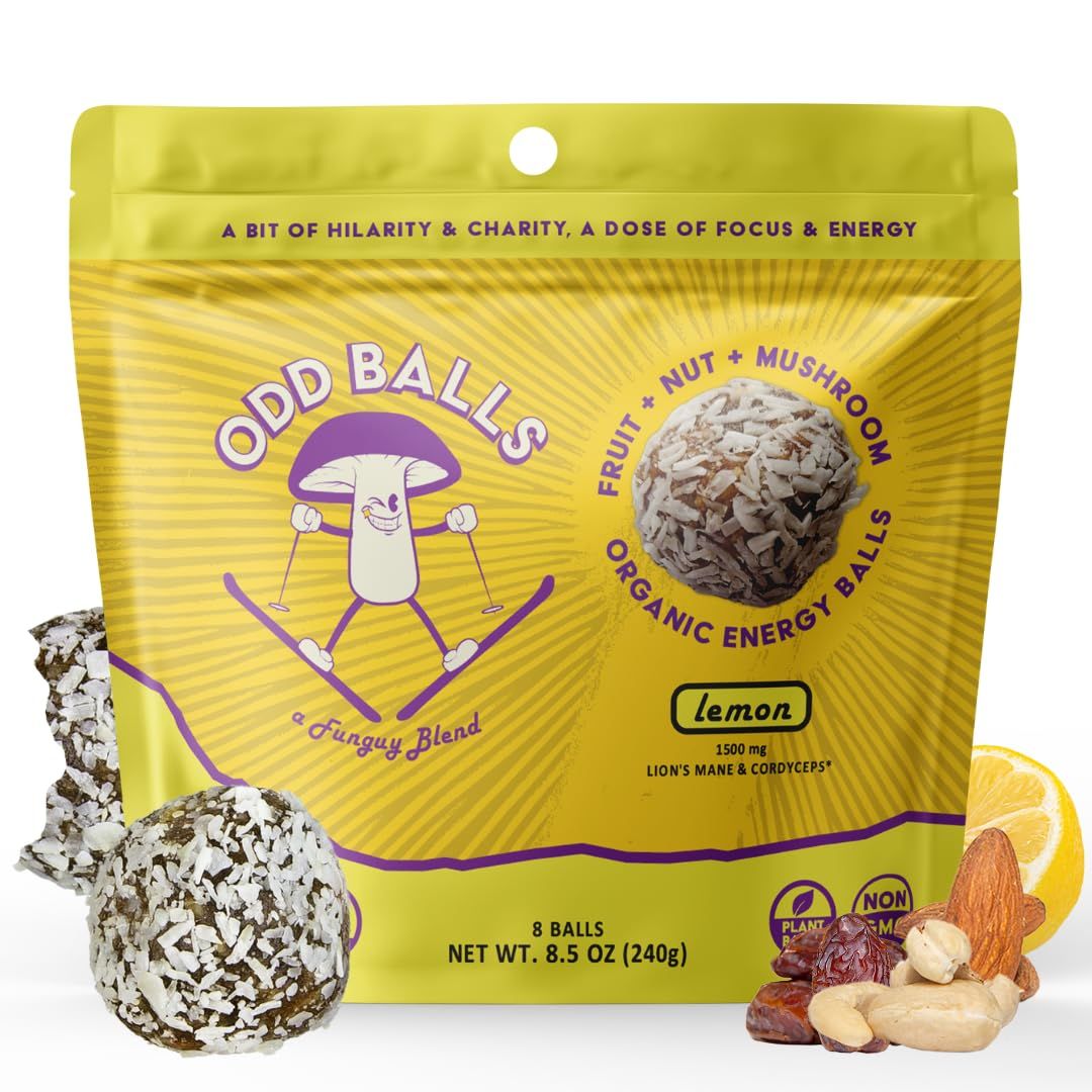 ODD BALLS Organic Energy Balls Lemon - Superfood Mushroom Snack - Running, Cycling, Hiking - Gels, Bars Alternative - Lion&#39;s Mane Focus, Cordyceps Energy - Vegan, Gluten Free Snacks for Kids &amp; Adults