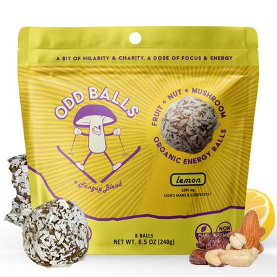 ODD BALLS Organic Energy Balls Lemon - Superfood Mushroom Snack - Running, Cycling, Hiking - Gels, Bars Alternative - Lion&#39;s Mane Focus, Cordyceps Energy - Vegan, Gluten Free Snacks for Kids &amp; Adults