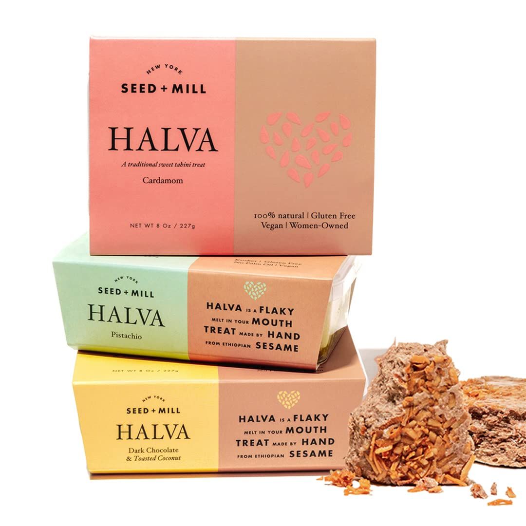 Seed  Mill - Halva - Nostalgia Trio (Cardamom, Pistachio, &amp; Dark Chocolate Toasted Coconut) - Vegan, Kosher, Gluten Free - Enjoy this Vegan Snack &amp; International Candy - 8 oz (3pk)