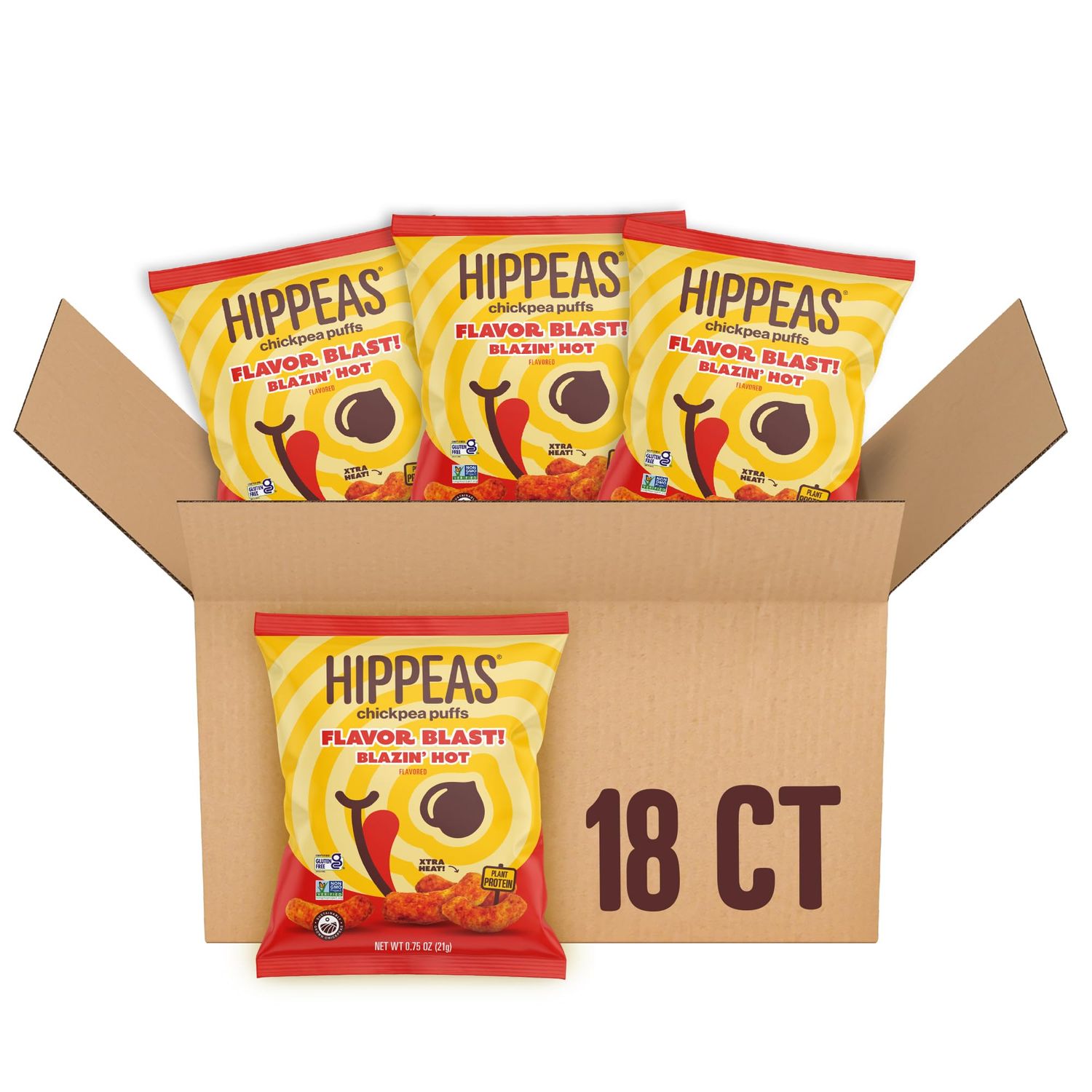 Hippeas Chickpea Puffs, Flavor Blast: Blazin&#39; Hot, 0.75 Ounce (Pack of 18), 3g Protein, 2g Fiber, Vegan, Gluten-Free, Crunchy, Plant Protein Snacks