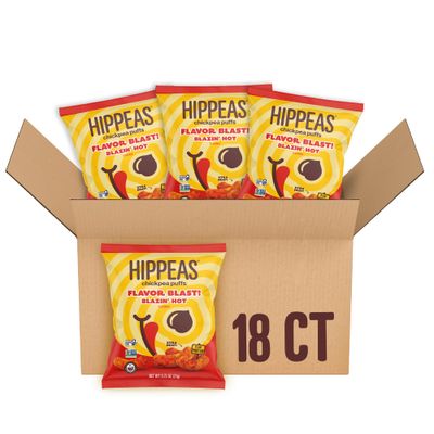 Hippeas Chickpea Puffs, Flavor Blast: Blazin&#39; Hot, 0.75 Ounce (Pack of 18), 3g Protein, 2g Fiber, Vegan, Gluten-Free, Crunchy, Plant Protein Snacks