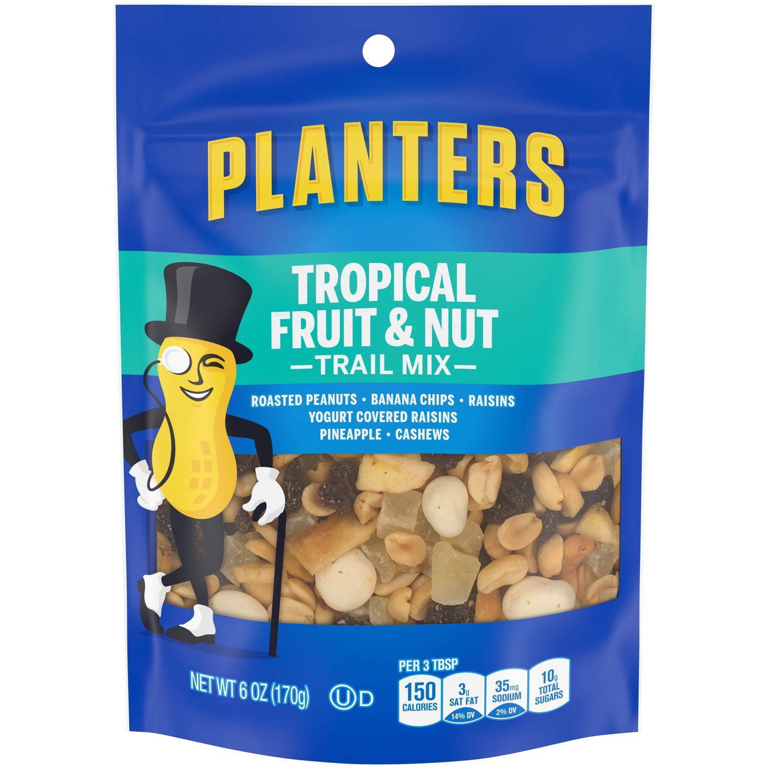 Planters Tropical Fruit &amp; Nut Trail Mix with Roasted Peanuts (Banana Chips, Raisins, Yogurt Raisins, Pineapple &amp; Cashews, 6 oz Pack of 12)