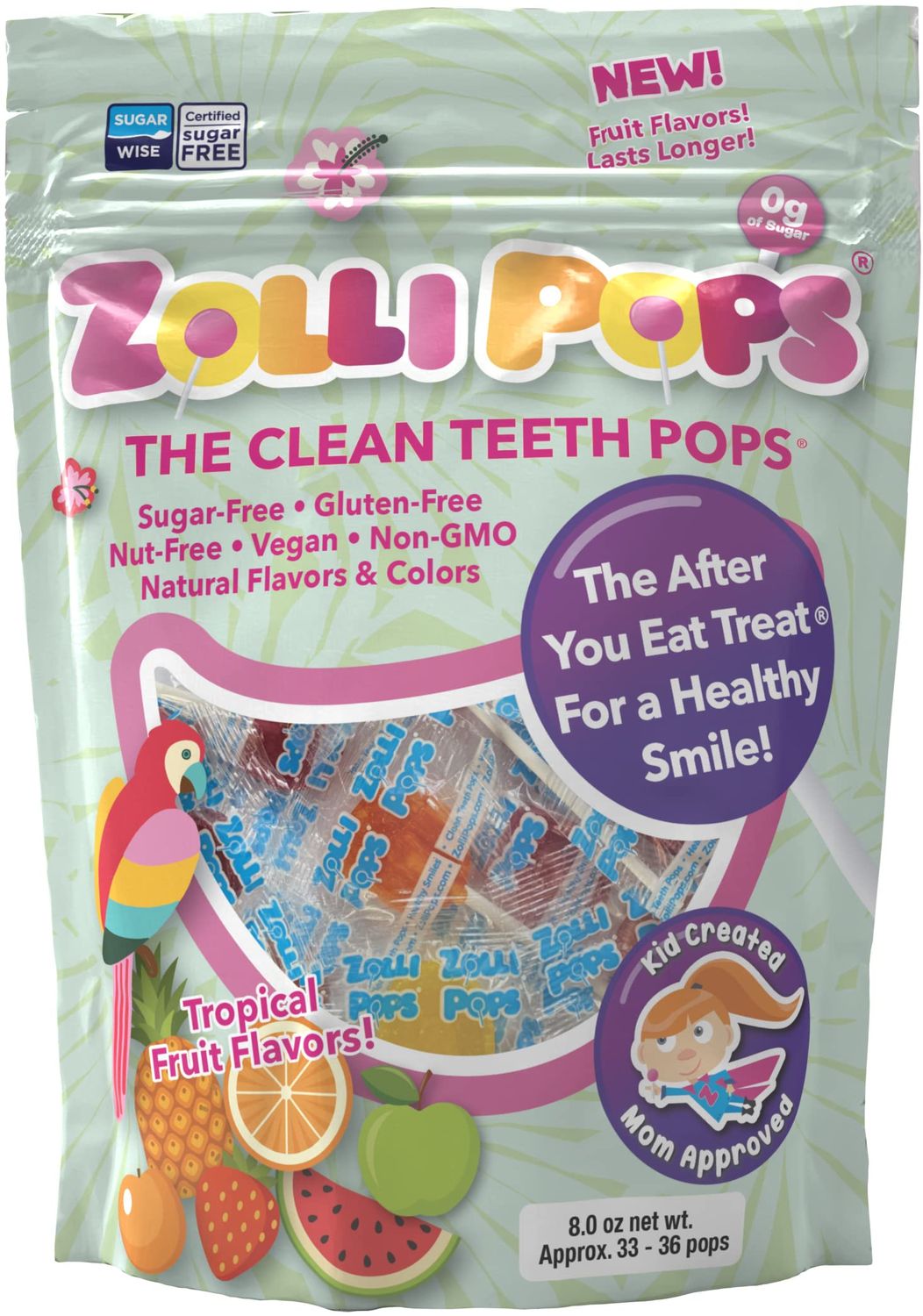 Zollipops The Clean Teeth Pops, Anti Cavity Lollipops, Delicious Flavors, Tropical, 8oz - Dive into a Tropical Paradise with an 8oz Pack of Dental-Friendly Lollipops