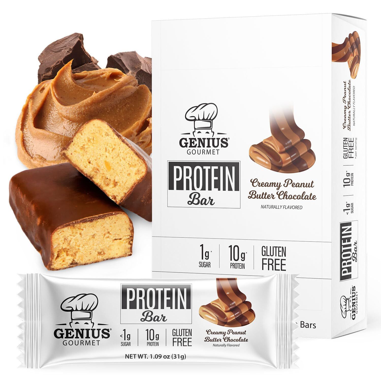 Genius Gourmet Protein Bar, Chocolate Peanut Butter, Keto Snack, Low Carb, Low Sugar &amp; Gluten Free, Protein Snacks for Adults, 10G of Whey Protein per Protein Bar, 5 Net Carbs, 10 Count
