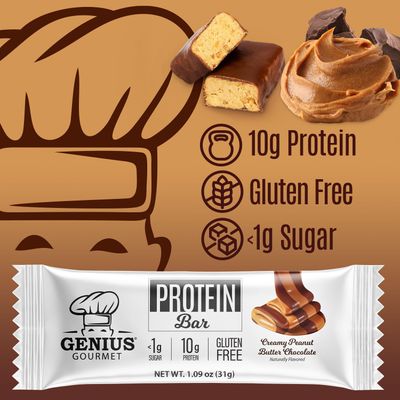 Genius Gourmet Protein Bar, Chocolate Peanut Butter, Keto Snack, Low Carb, Low Sugar &amp; Gluten Free, Protein Snacks for Adults, 10G of Whey Protein per Protein Bar, 5 Net Carbs, 10 Count