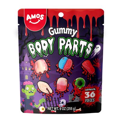 Amos Halloween Gummy Body Parts - Spooky Candy for Trick-or-Treat, Halloween Snacks, and Edible Decorations - Approx. 36 Individually Wrapped Pieces, 9oz Bag
