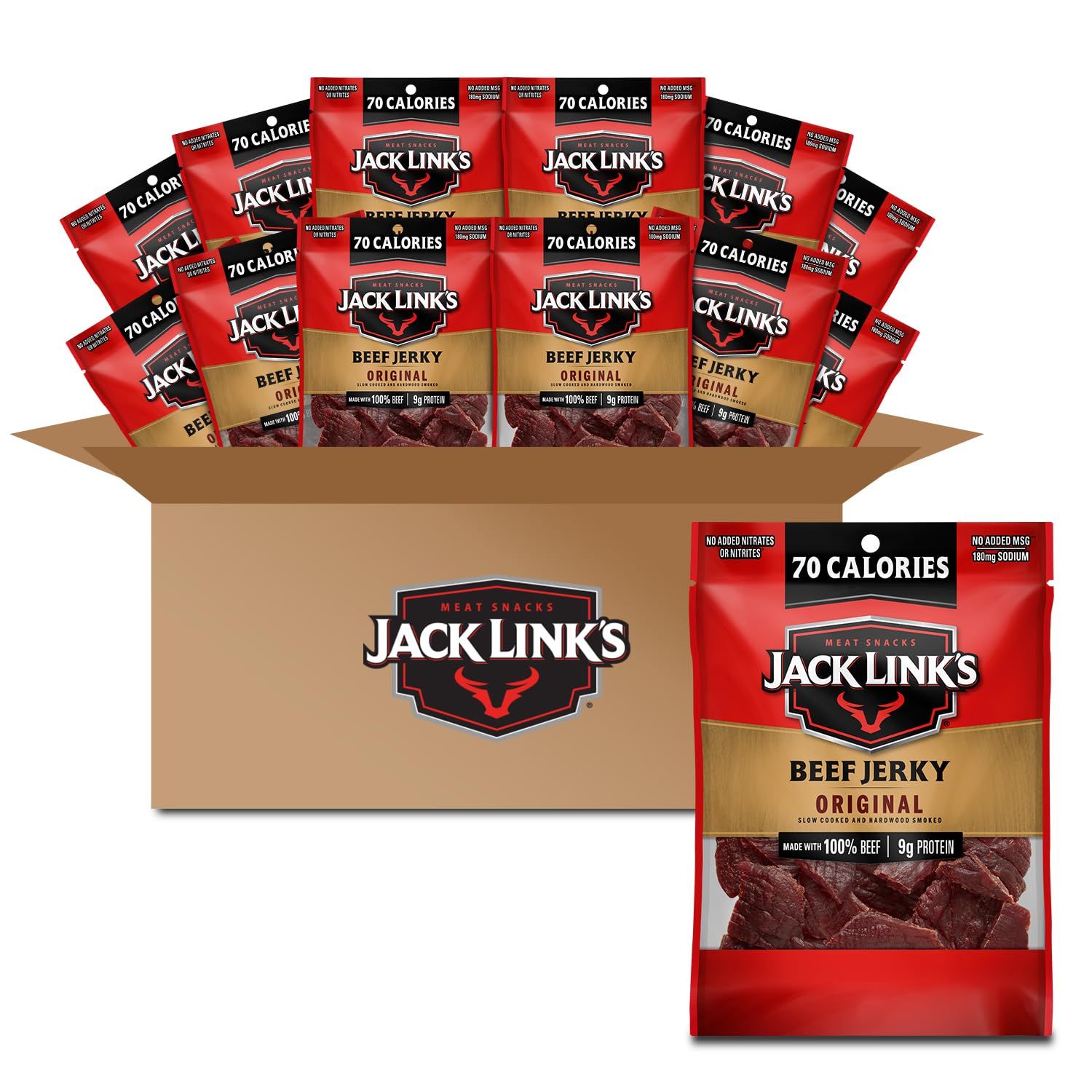 Jack Link&#39;s Beef Jerky, Original, Smart Snacks Bulk Pack - Flavorful Meat Snack for School, 9g Protein and 70 Calories, Made with 100% Beef, 0.85oz (Pack of 48)