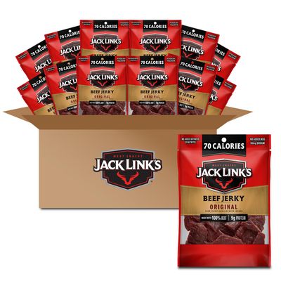 Jack Link&#39;s Beef Jerky, Original, Smart Snacks Bulk Pack - Flavorful Meat Snack for School, 9g Protein and 70 Calories, Made with 100% Beef, 0.85oz (Pack of 48)