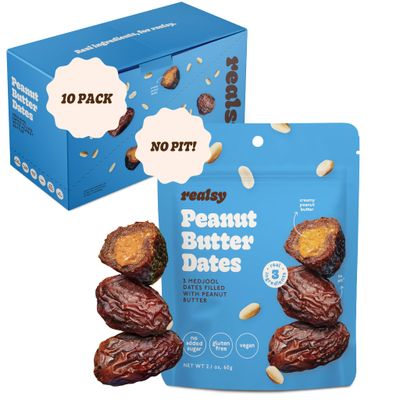 Realsy Peanut Butter Filled Medjool Dates, Organic Dates with No Sugar Added, Gluten-Free, Vegan, Good Source of Fiber, Low Glycemic Index, All Natural Healthy Snack, (10 Pack)