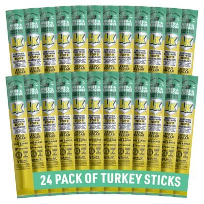 Lorissa&#39;s Kitchen Premium Turkey Meat Sticks, Herb-A-Licious Turkey Flavor, 8g of Protein Each, Made with Free Range Chicken, Free from Top 9 Allergens and Non-GMO, Zero Sugar, 1 Oz, 24 Count