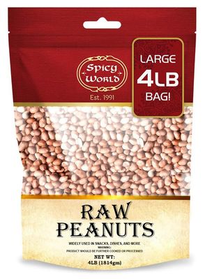 Spicy World Peanuts, Raw Whole With Skin (Uncooked, Unsalted) 4 Pound (64oz)  All Natural - USA Grown Red Skin Spanish Grade