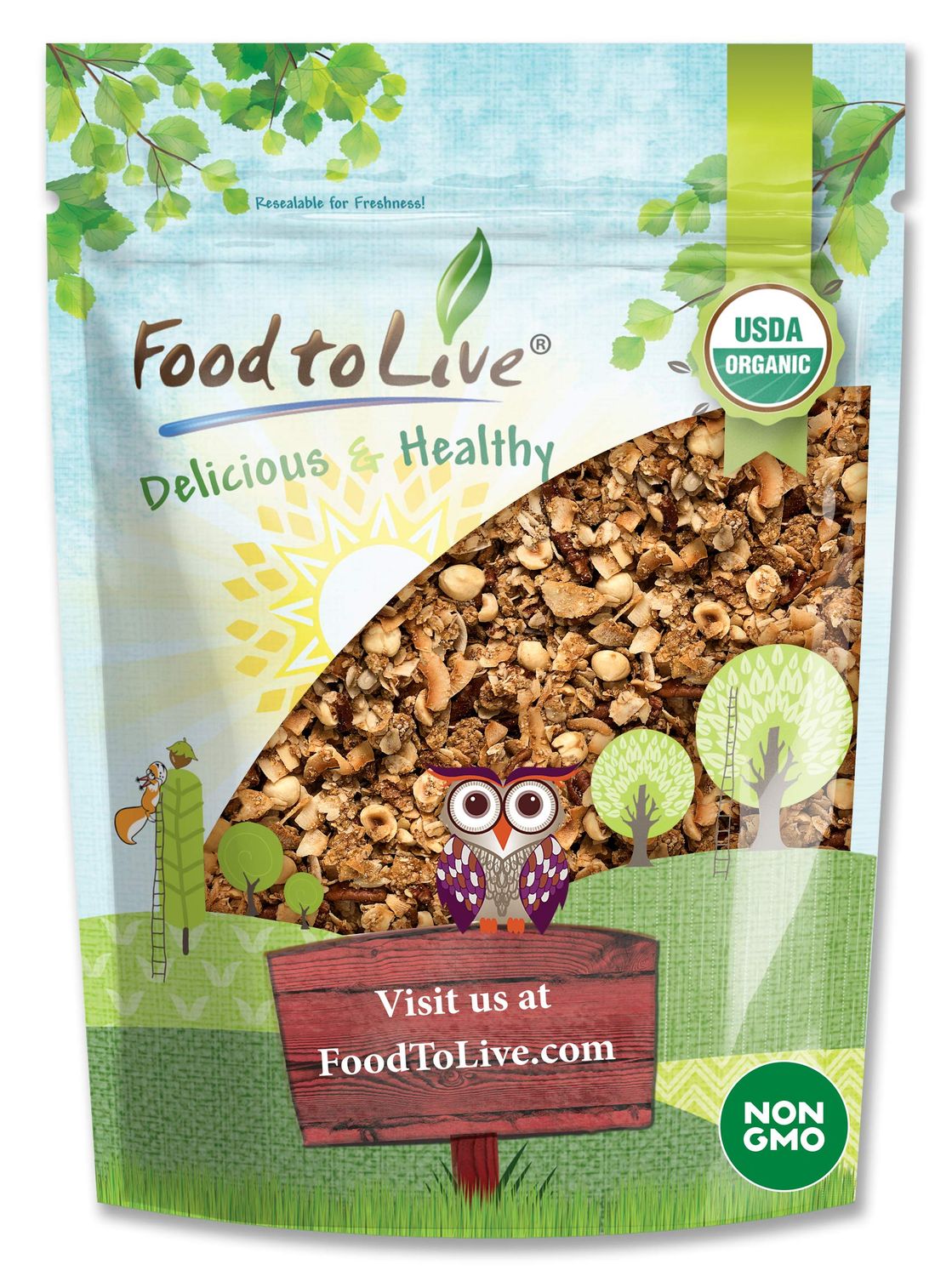 Food to Live Organic Golden Crunchy Granola, 1.5 Pounds - Small Batch, Handcrafted, Bulk, Great as Snack for Breakfast Cereals, Contains Hazelnuts, Pecan Nuts, Almonds, Coconut, Flax Sunflower Seeds
