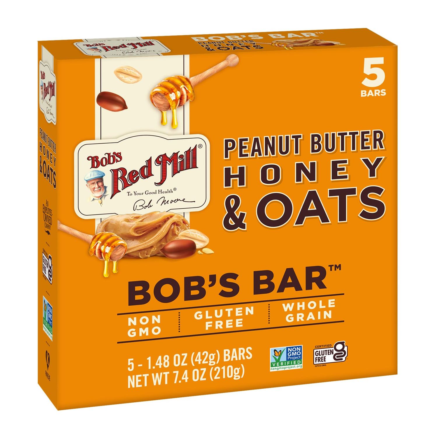Bob&#39;s Red Mill Peanut Butter Honey &amp; Oats Snack Bar - 5 Bars (Pack of 1) - Gluten Free, Non-GMO, Whole Grain