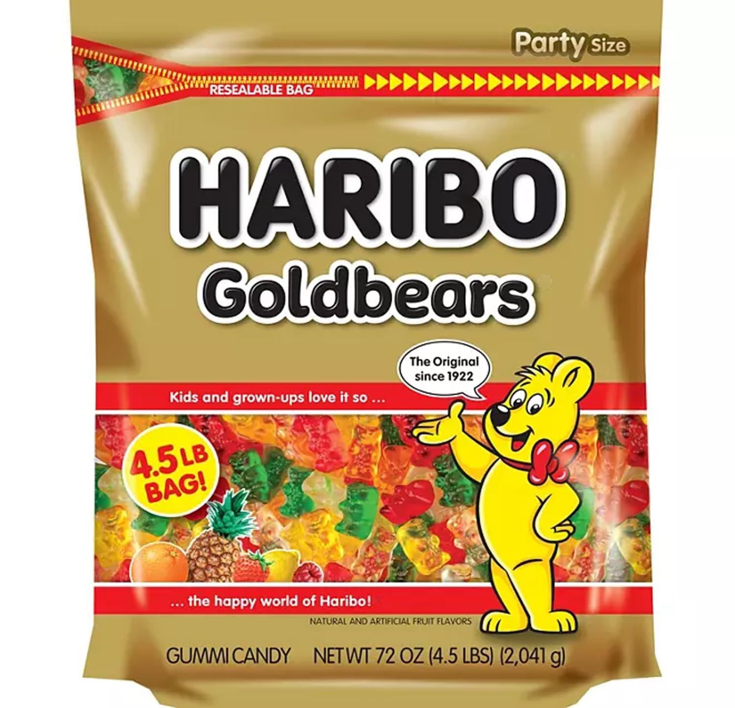 HARIBO Gummi Candy, Original Goldbears Gummy Bears, 72 Ounce Resealable Party Size Bag, Delicious Soft &amp; Chewy Sweet Snacks, Assorted Fruity Flavors