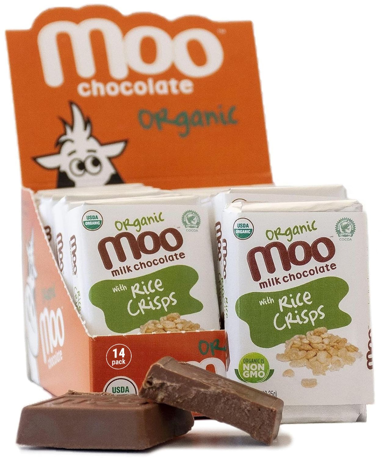Moo Chocolates Organic Milk Chocolate Mini Bars with Rice Crisps 0.7oz, 14 ct (Pack of 1) | USDA Organic, Non-GMO | 100 Calorie Snacks for On-the-Go, Lunchboxes, Office