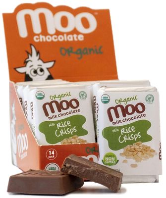 Moo Chocolates Organic Milk Chocolate Mini Bars with Rice Crisps 0.7oz, 14 ct (Pack of 1) | USDA Organic, Non-GMO | 100 Calorie Snacks for On-the-Go, Lunchboxes, Office