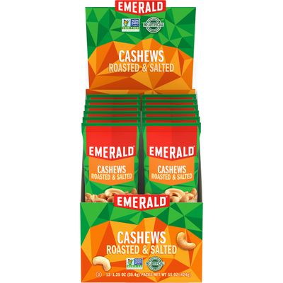 Emerald Nuts Roasted and Salted Cashews 12 Ct (1-Pack), 1.25 Oz Individual Snack Tubes, Kosher Certified, Non-GMO, Contains No Artificial Preservatives, Flavors or Synthetic Colors