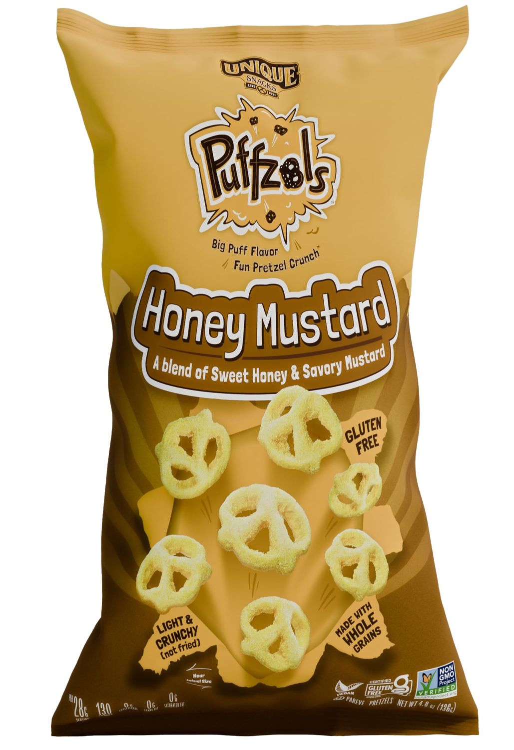 Unique Snacks Puffzels, Sweet Honey and Savory Mustard Flavor with a Fun Pretzel Crunch, Gluten-Free Snacks, 4.8 Oz. Snack Bag, Pack of 6, Honey Mustard