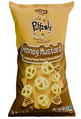 Unique Snacks Puffzels, Sweet Honey and Savory Mustard Flavor with a Fun Pretzel Crunch, Gluten-Free Snacks, 4.8 Oz. Snack Bag, Pack of 6, Honey Mustard