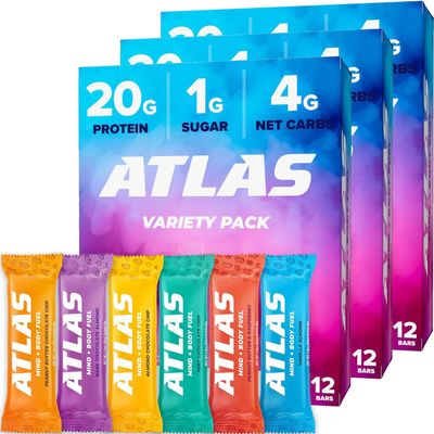 Atlas Protein Bar, 20g Protein, 1g Sugar, Clean Ingredients, Gluten Free Whey Variety, 36 Count