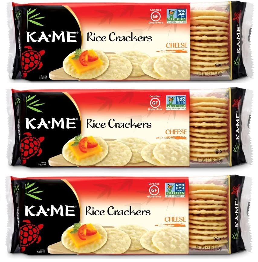 KA-ME Cheese Rice Crackers 3.5 oz, Authentic Asian Ingredients, Certified Gluten-Free, No Artificial FlavorsColors, Non GMO - (3 Pack)