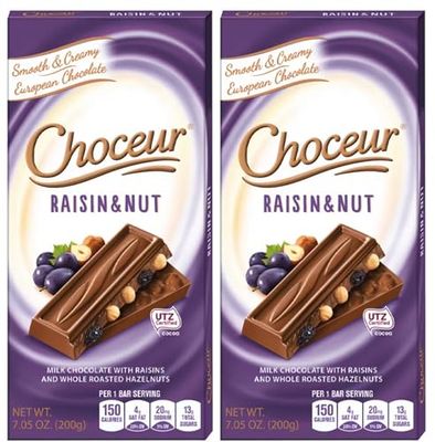 Raisin &amp; Whole Roasted Hazelnut European Milk Chocolate 7.05 oz Bars, Gift Snack Snacking Treat Dessert Food by Choceur - 2 Pack