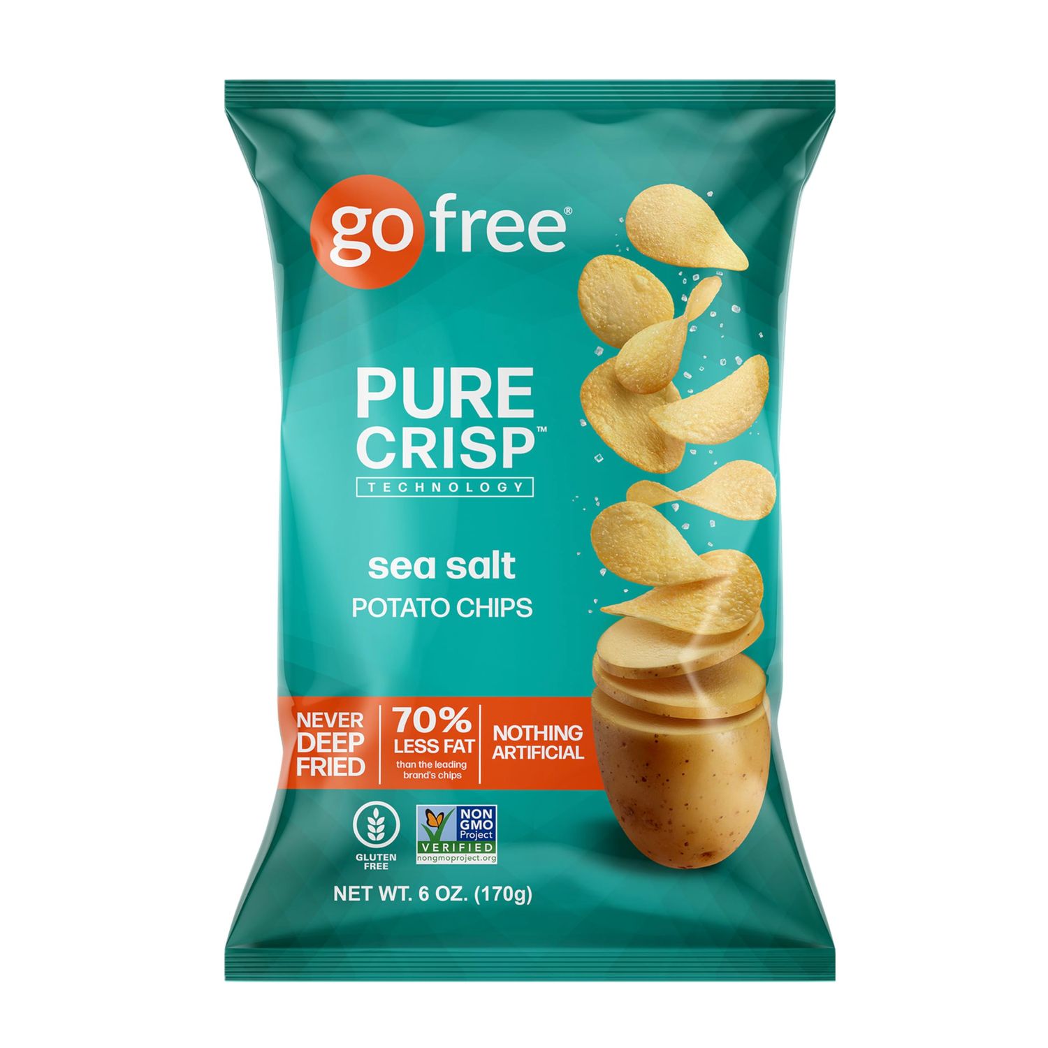 GO FREE Potato Chips - Healthy Snacks for Kids &amp; Adults - Low Fat Snacks Made with Real Potatoes - Gluten Free, Vegan, Low Calories - 6 oz bags (6-Pack) - Sea Salt