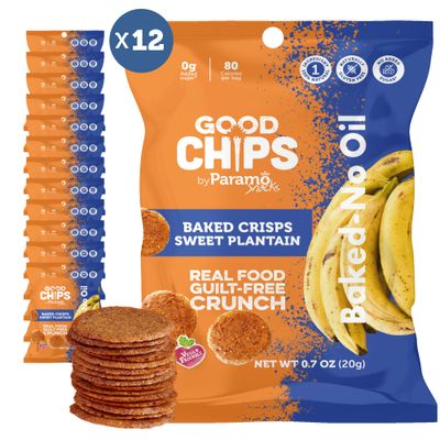 Baked Sweet Plantain Maduritos Chips by GOOD CHIPS. No Added Sugar, Oil Free, Vegan. Only One Ingredient. 0.7 oz Bags, Pack of 12