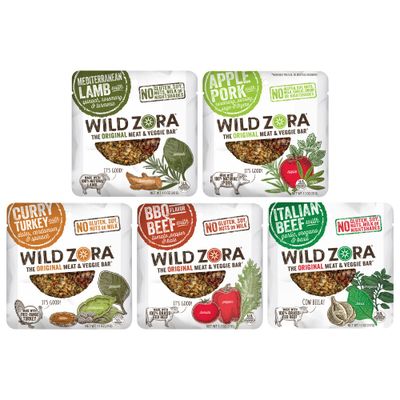 Wild Zora Meat &amp; Veggie Bars, Variety 5-Pack, Natural Pork, Beef, Lamb, &amp; Turkey Jerky Snacks, Healthy Paleo Snacks, AIP Friendly Options, Gluten Free, Soy Free, High Protein, No Added Sweetener