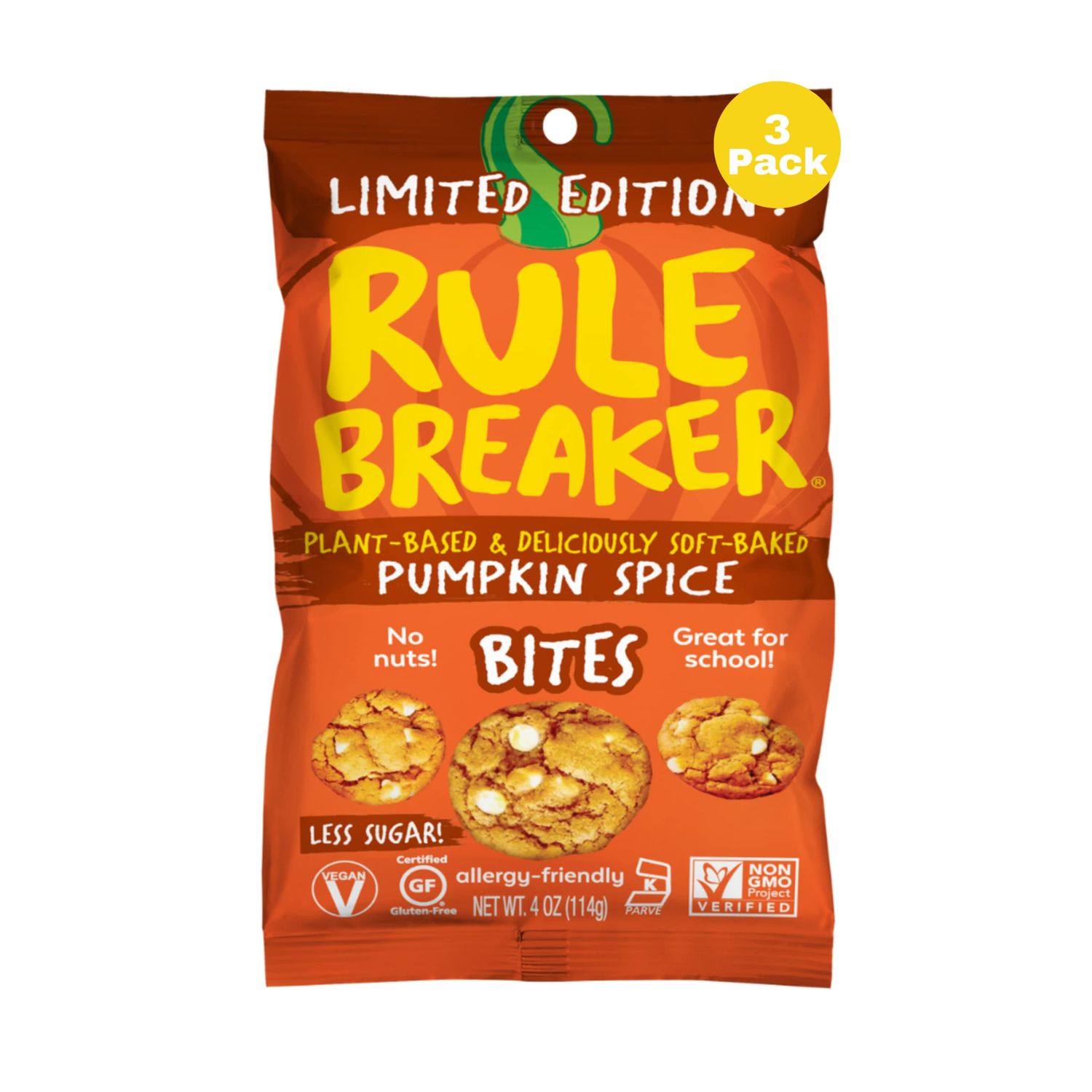 Rule Breaker Snacks Vegan Gluten Free | Pumpkin Spice Cookie Bites | Plant-Based, Dairy, Nut, Soy, Allergen Free, Kosher | Soft-Baked School Snacks for Kids and Adults (Pack of 3)