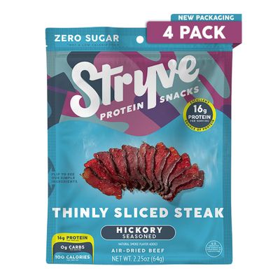 Stryve - Better Than Jerky Steak Snacks Protein Rich, Beef Biltong | 36g Protein, Sugar Free, Carbs Free, Gluten Free, Dairy Free, Keto &amp; Paleo Friendly | Hickory, Pack Of 4
