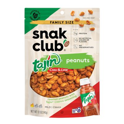 Snak Club Tajin Peanuts, Roasted Nuts with Chili and Lime Seasoning, Mild, Gluten-Free and Kosher Snacks, No Artificial Colors or Flavors, No Preservatives, 12 oz Resealable Bag