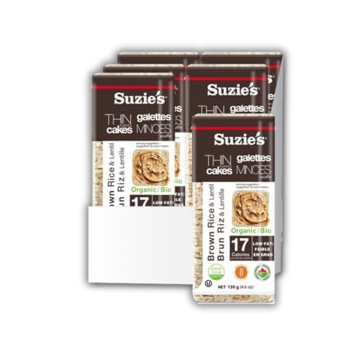 Suzie&#39;s Organic Lentil &amp; Brown Rice Cake Thins|6 Pack|USDA Organic, NON-GMO, Fat-Free, Sugar-Free, Gluten-Free|Low-Calorie Snack-16 Calories Per Slice|Bread &amp; Cracker Replacement