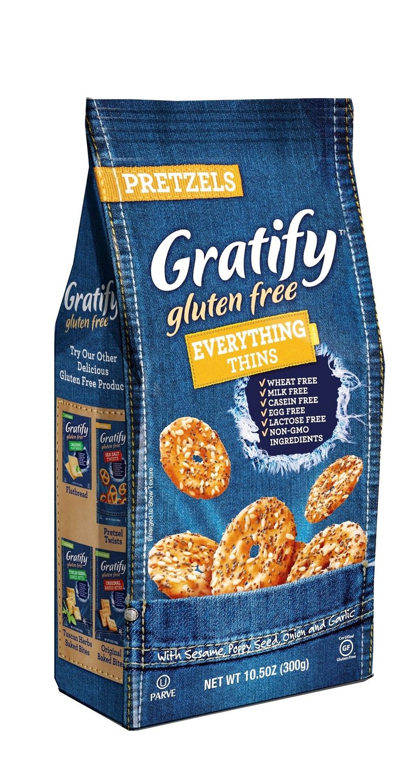 Gratify Gluten Free Pretzel Thins Everything Vegan GF Pretzel Crisps, 10.5oz Bag (Pack of 1)