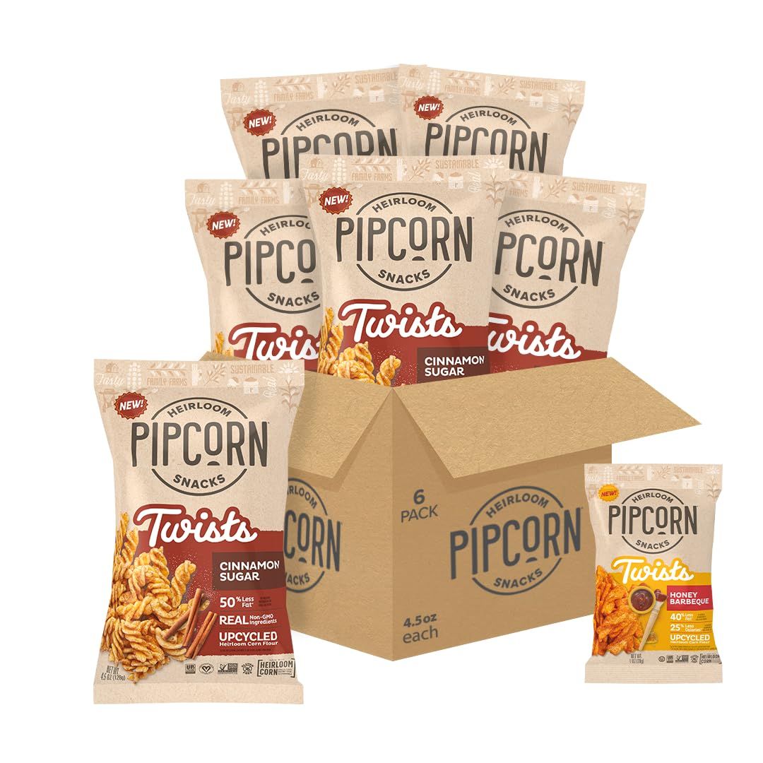 Heirloom Cinnamon Sugar Twists by Pipcorn - 4.5oz 6pk - Healthy Snacks, Gluten Free Snacks, Upcycled Heirloom Corn Flour, Cinnamon Sugar