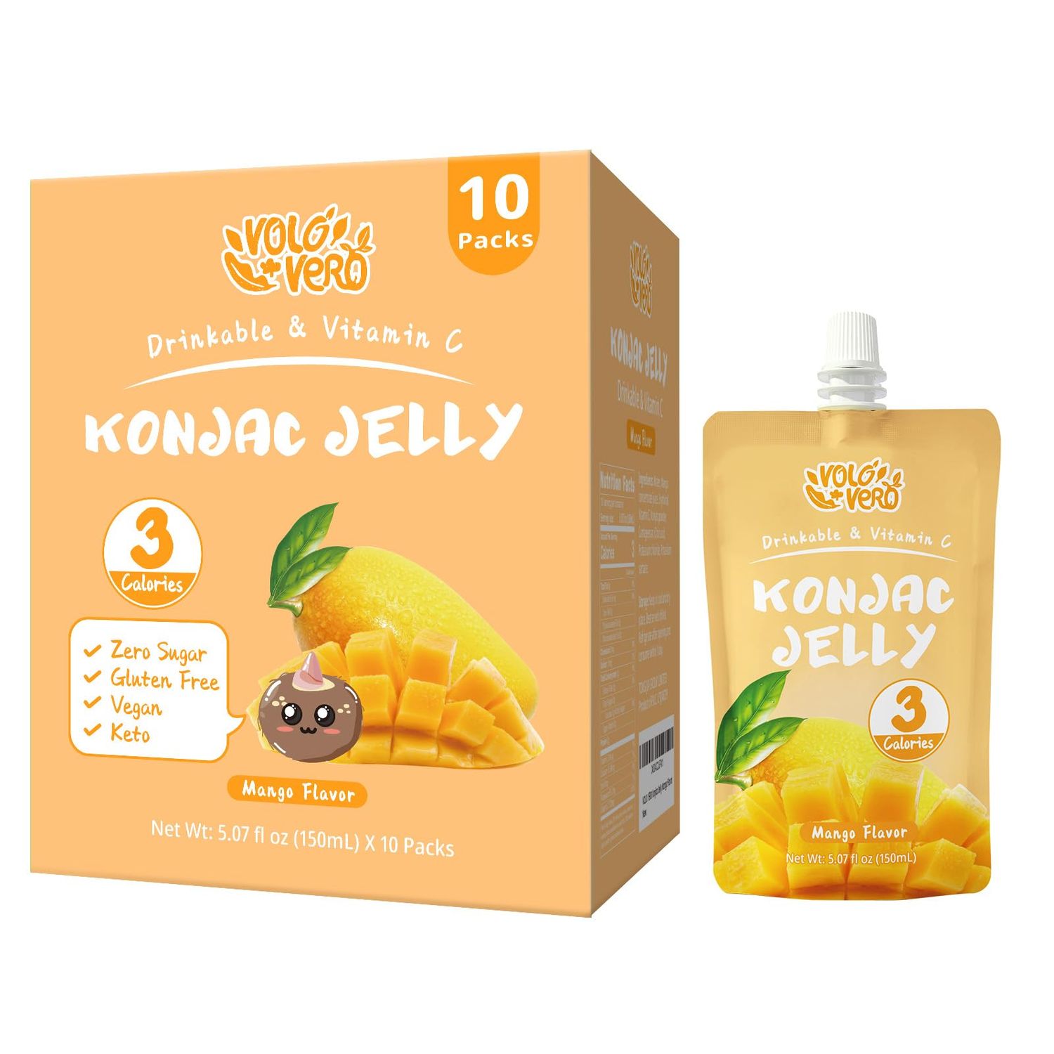 VOLO VERO Konjac Jelly Mango Flavor, Vitamin C Sweet Jelly Pouch, 3 Calories, 0 Sugar |10 Packs | Keto, Gluten Free &amp; Vegan, Healthy Fruit Snacks Diet Drinkable