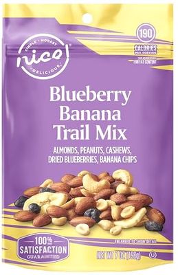 Blueberry Banana Nice Trail Mix 7oz Bag: Almond Nuts, Peanuts, Cashews, Dried Blueberries, Banana Chips, Snack Snacking Low Carb Keto Food Treat