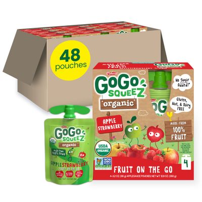 GoGo squeeZ Organic Applesauce and Fruit Puree, Apple Apple, 3.2 oz (Pack of 4), Unsweetened Organic Fruit Snacks for Kids, Gluten Free, Nut Free and Dairy Free, Recloseable Cap, BPA Free Pouches