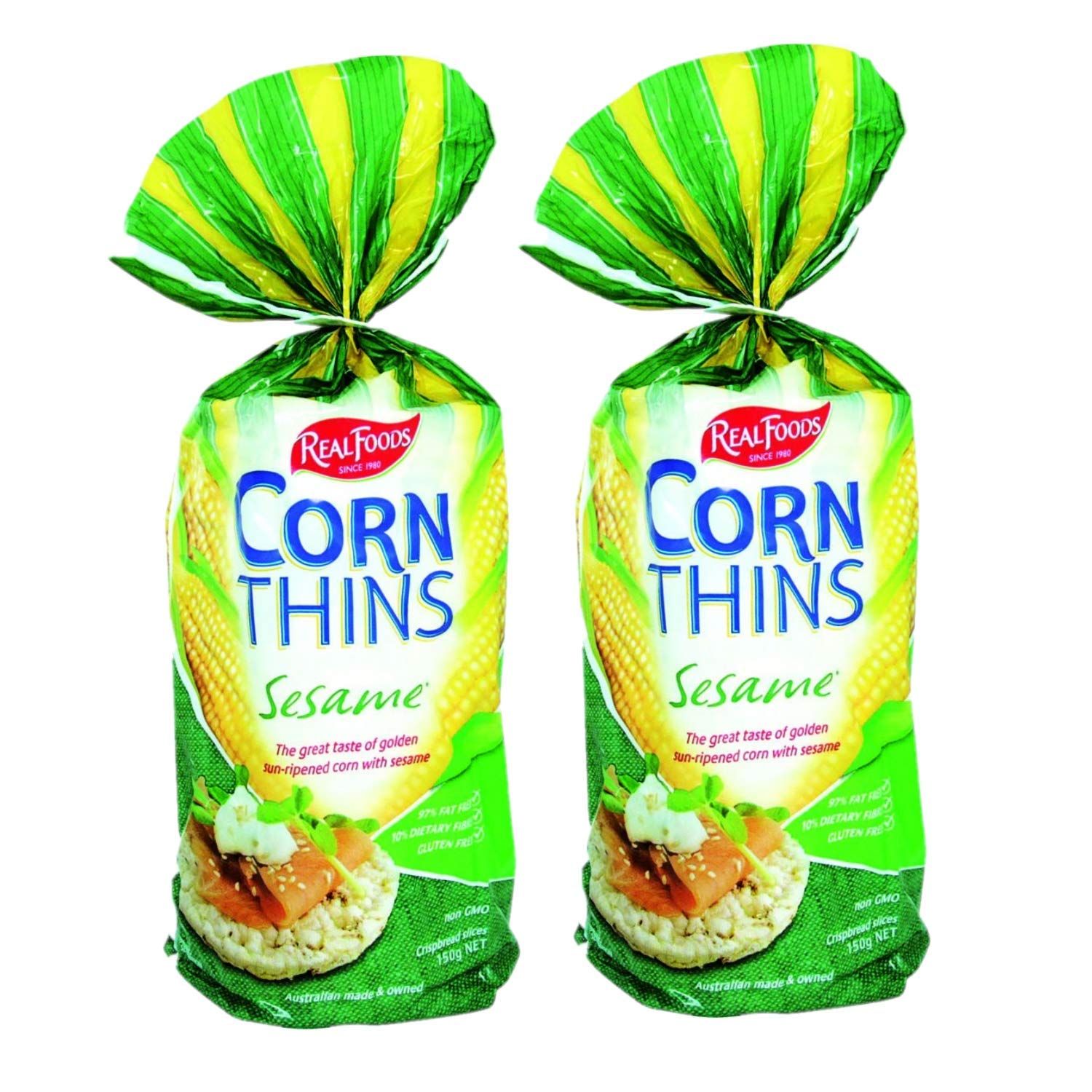 Real Foods Organic Sesame Corn Thins 5.3oz 2 Pack - Organic Golden Sun-Ripened Corn Cakes with Added Sesame - USDA Organic Snack