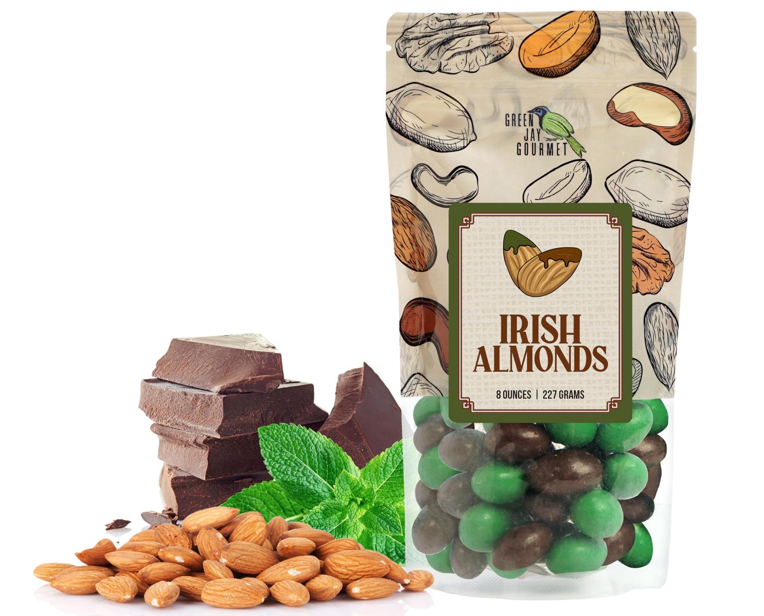 Green Jay Gourmet Milk Chocolate Covered Irish Almonds, 8 Ounce Resealable Bag, Premium Handmade Chocolate Candy Snacks for Kids and Adults, Great for Christmas and Holidays