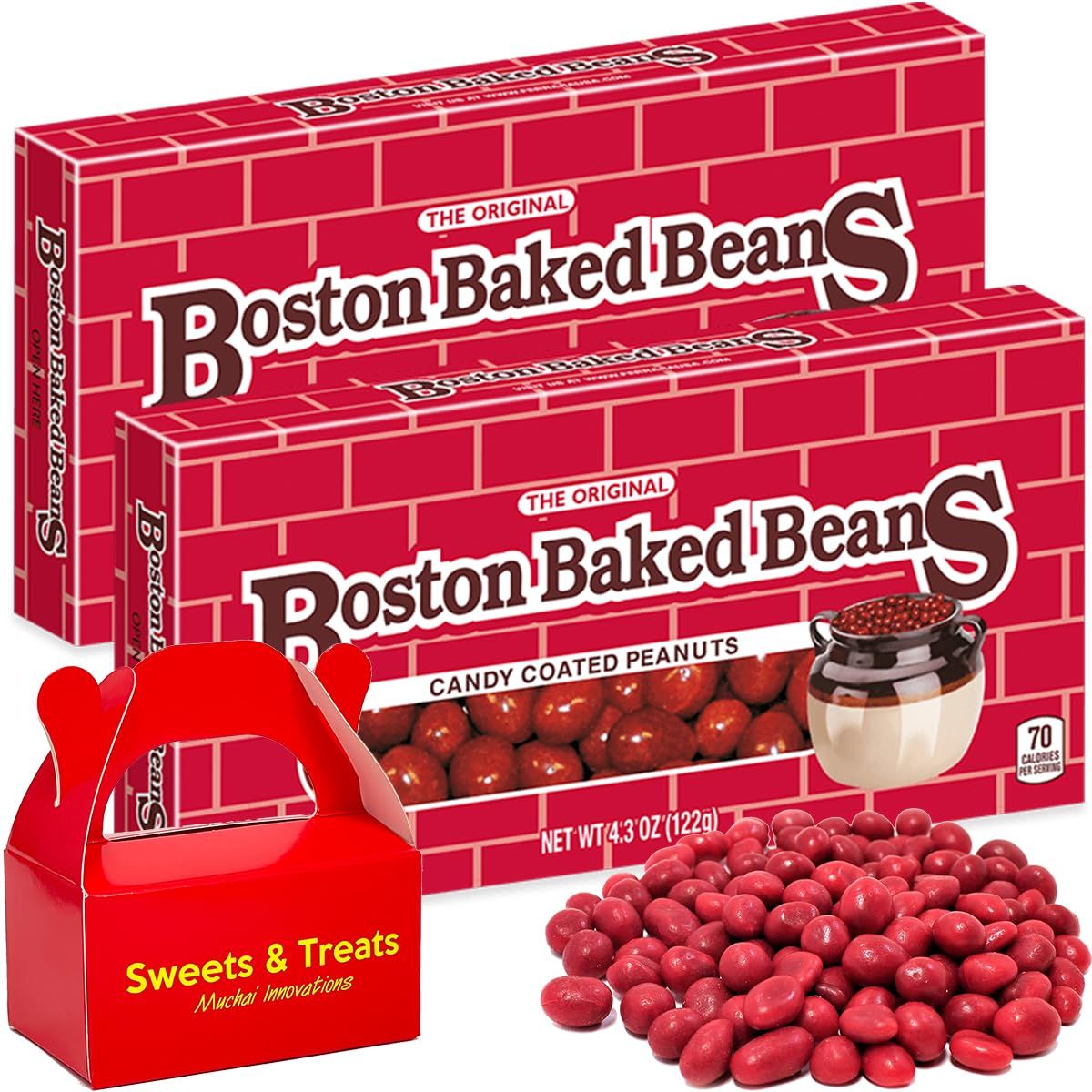 Boston Baked Bean Candy | Crunchy Sweet &amp; Salty Candy Coated Peanuts | For Every Occasion Movie Night Birthday Holiday Gift | Plus MUCHAI Treat Box (2 Theater Box, Original Classic Candy)