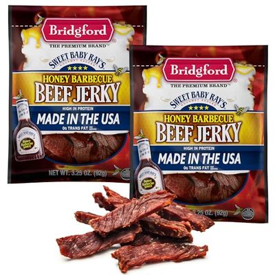 Bridgford Sweet Baby Rays Beef Jerky Honey BBQ 3.25 oz Pack of 2 - High Protein Jerky for Midday Energy Boost or Post Workout Snack - Naturally Smoked Ready-to-Eat Meat Snacks for On the Go Snacking
