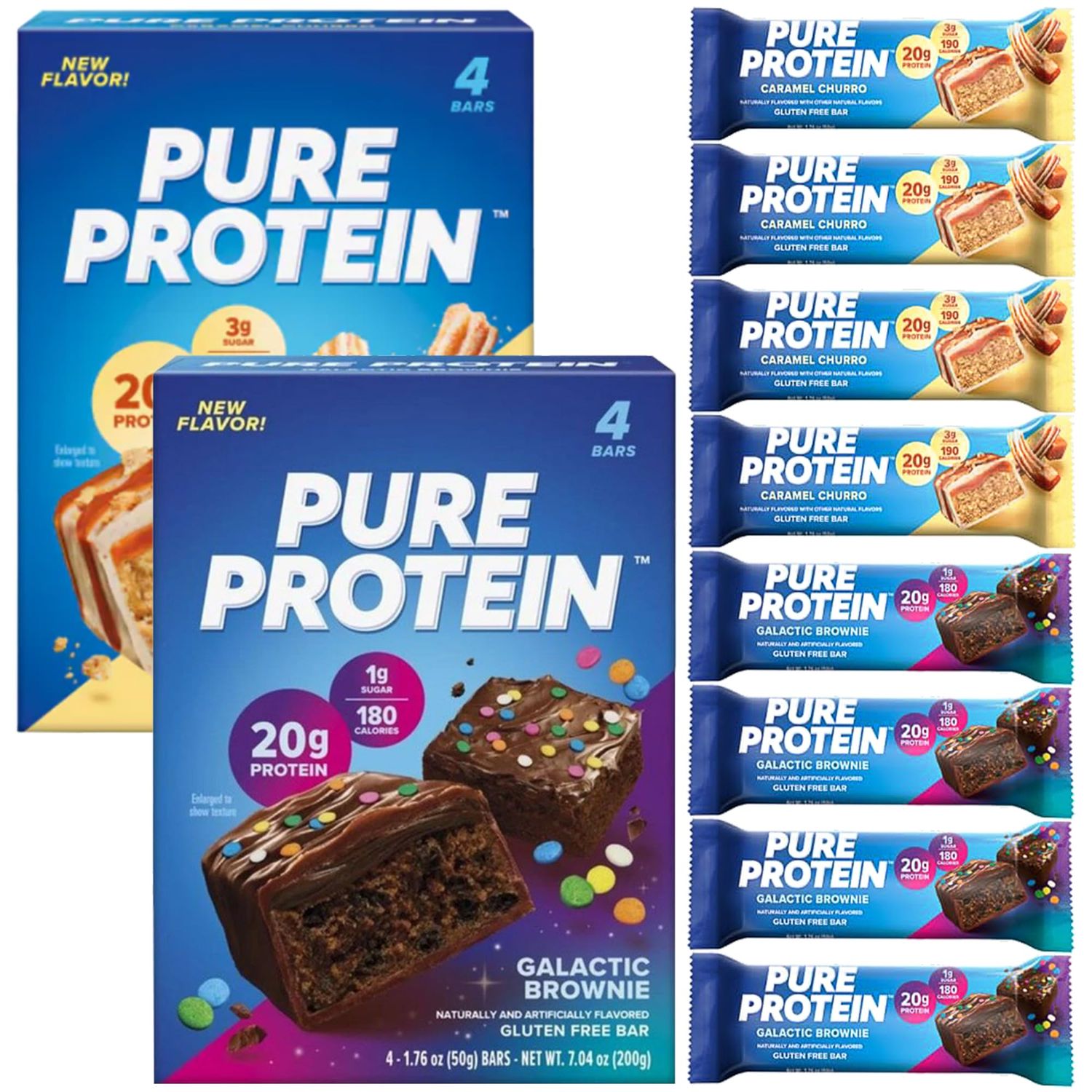 Pure Protein Bars, Galactic Brownie and Caramel Churro, 20g High Protein, Nutritious Snacks to Support Energy (8 Count Total)
