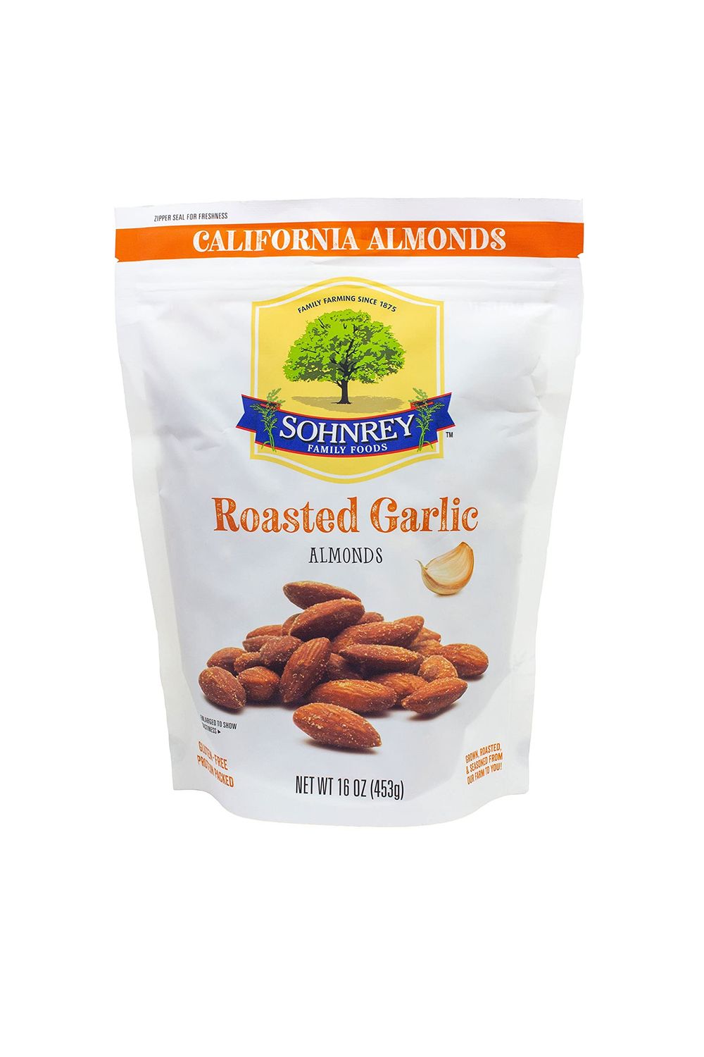 Roasted Garlic Almonds (16oz) Bold Seasoned Flavored Steam Pasteurized Nut Snacks from the Sohnrey Family Farm