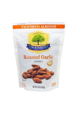 Roasted Garlic Almonds (16oz) Bold Seasoned Flavored Steam Pasteurized Nut Snacks from the Sohnrey Family Farm