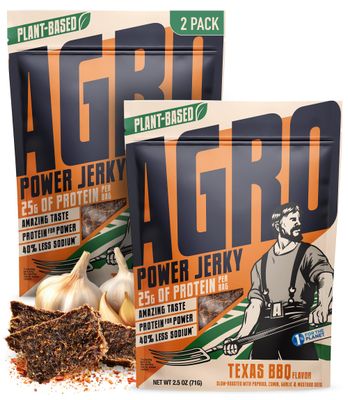 AGRO POWER Jerky Texas BBQ Flavor - Improved Recipe - Roasted Black Pepper, Sea Salt, Garlic &amp; Onion Plant-Based Vegetarian Jerky - 25G Protein &amp; 40% Less Sodium Smoky Vegan Jerky Snacks - 2 Pack