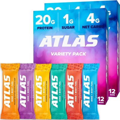 Atlas Protein Bar, 20g Protein, 1g Sugar, Clean Ingredients, Gluten Free (Whey Variety, 12 Count (Pack of 2))